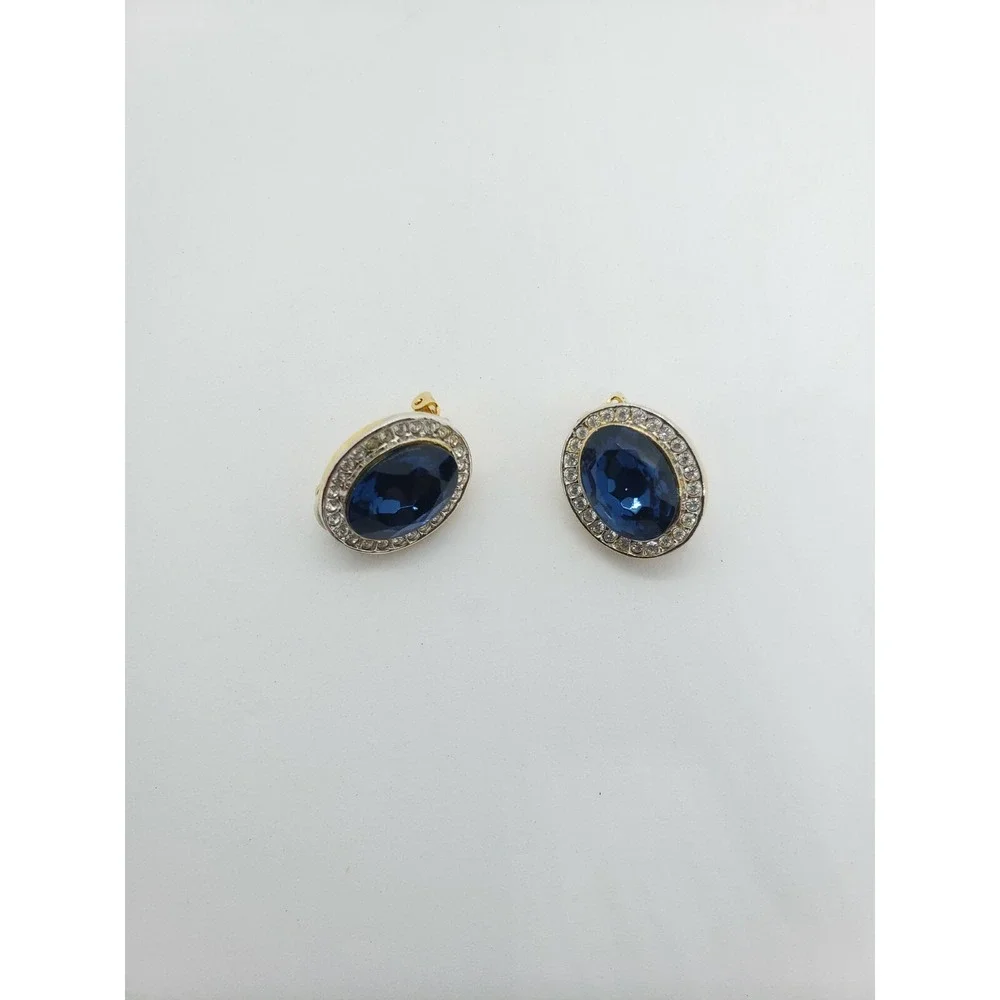 Gold Tone Oval‎ Rhinestones Blue Cut Glass Stone Clip On Fashion Earrings
